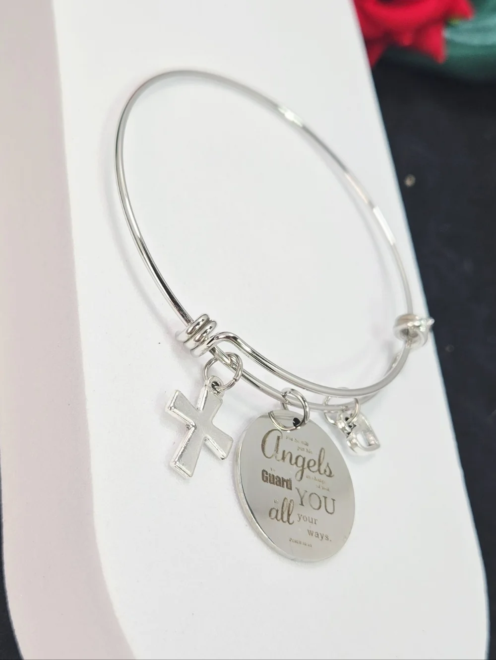 Guardian Angel Scripture Bangle Bracelet Cross Heart Christian Inspirational